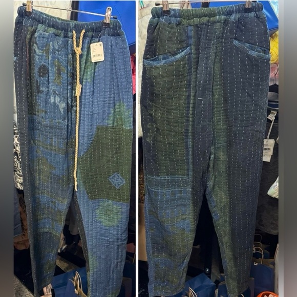 NWT FP Dr Collectors Textured Green and Indigo Pleated Kantha Pants - Picture 13 of 17